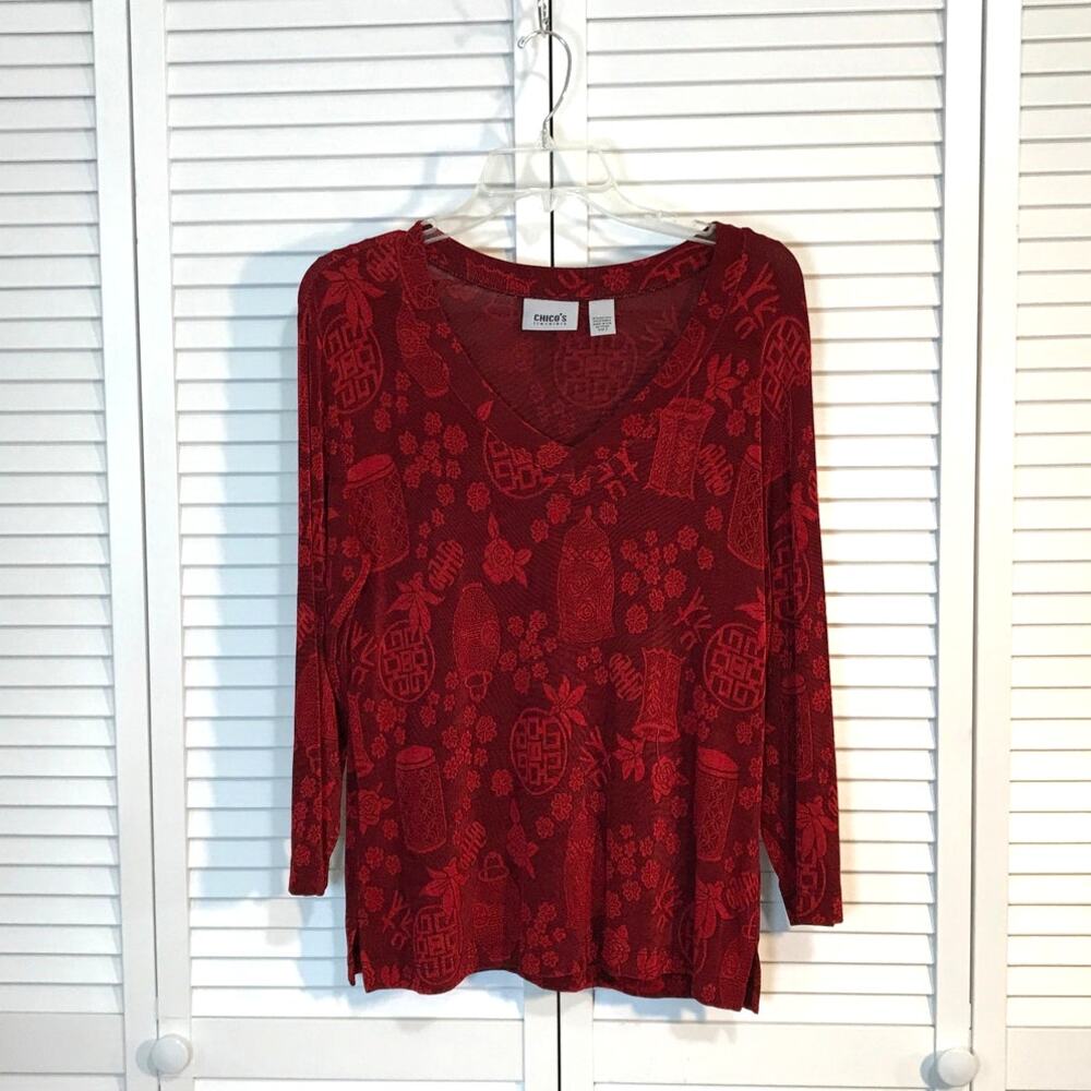 Chico’s Travelers Red Asian Floral V-Neck Long Sleeve Women Blouse L
